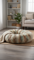 Faux Fur Donut Dog Bed, front view on neutral background