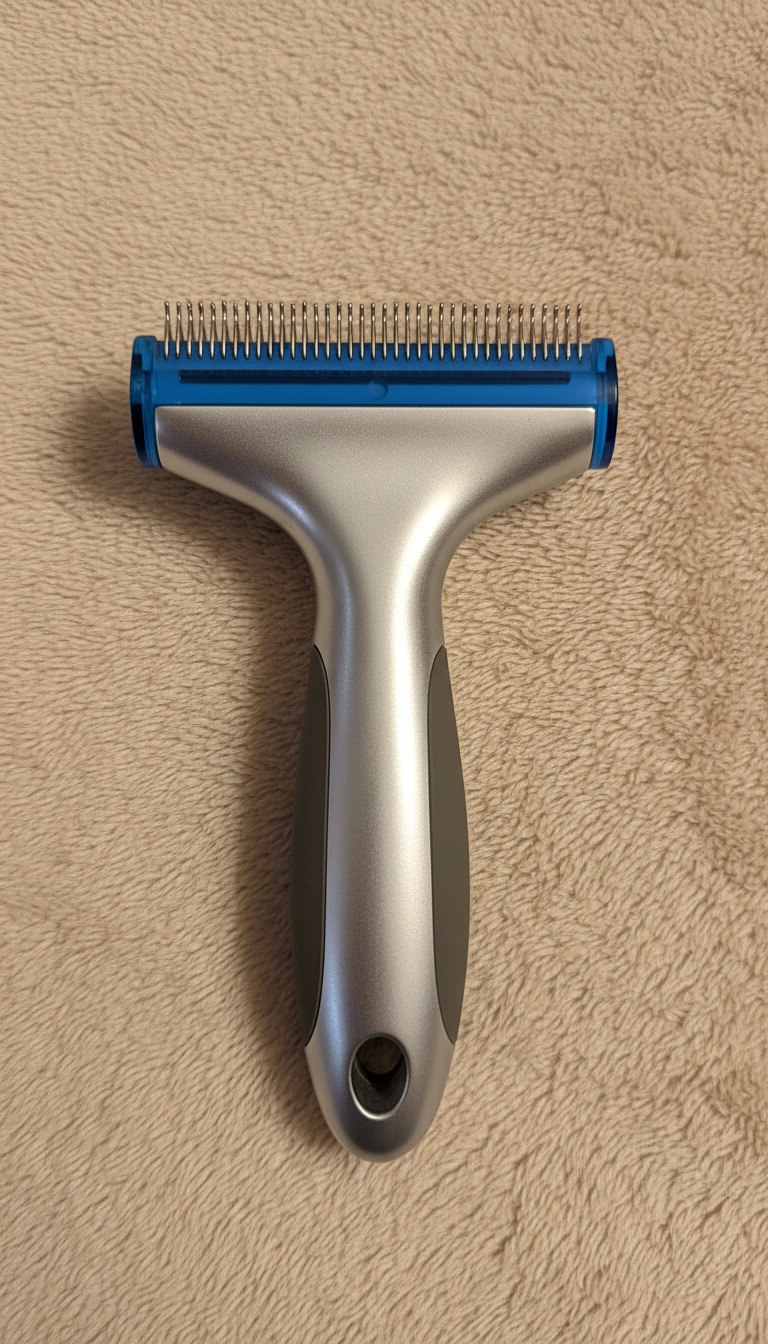 Ergonomic Pet De-shedding Tool, front view on neutral background